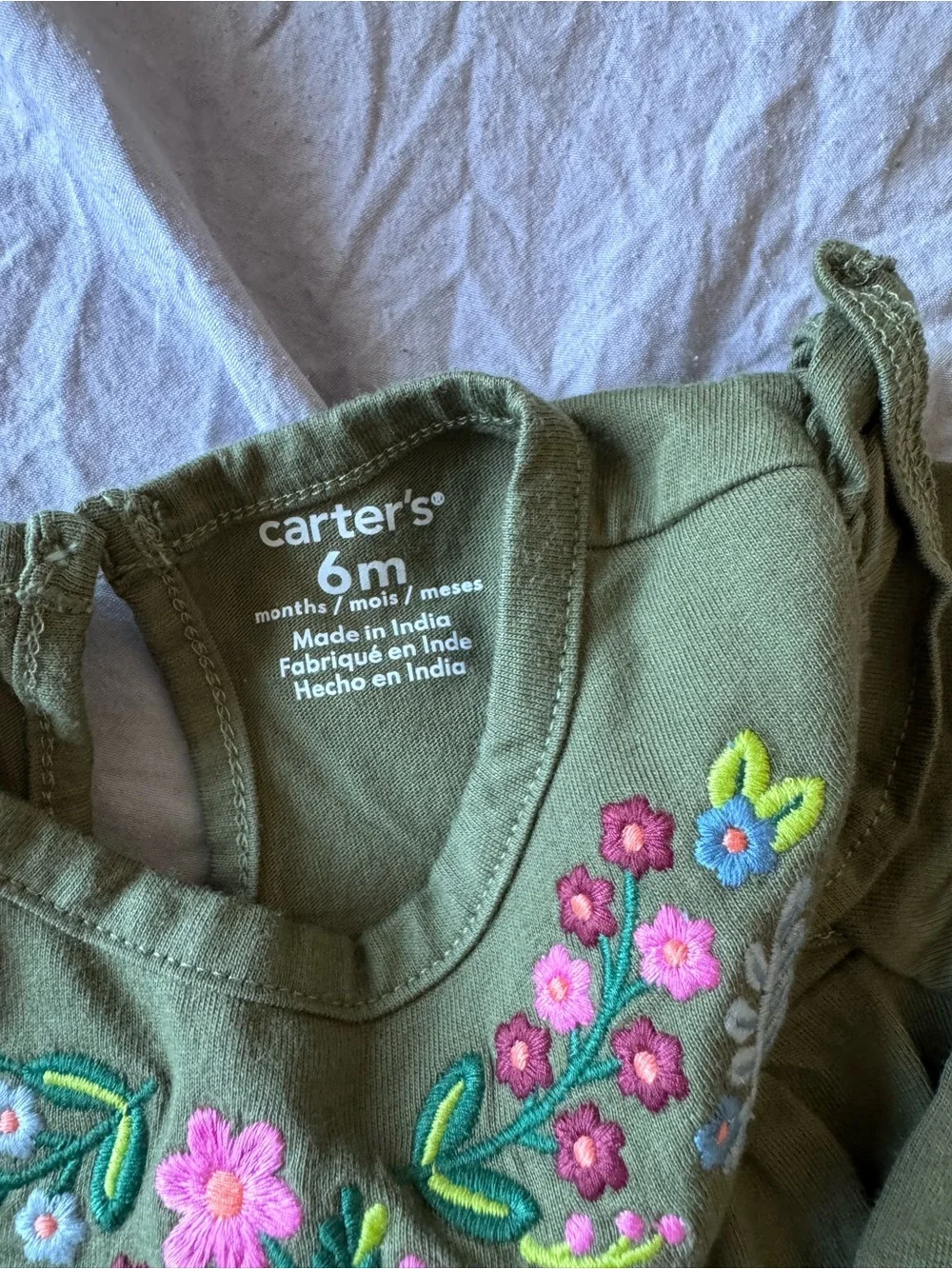 Carter's Olive Green Floral Embroidered Long-Sleeve One-Piece